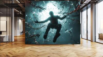 Dramatic Silhouette of Falling Man Amidst Chains in Blue Light Wall mural