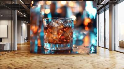 Drink Glass. Close-Up of Old-Fashioned Cocktail with Ice and Rock Glasses in Bar Setting Wall mural