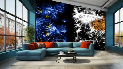 Eu, European union vs Cyprus, Cyprian new year celebration sparkling fireworks flags concept background. Combination of two states flags. Wall mural