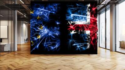 Eu, European union vs Iceland, Icelandic new year celebration sparkling fireworks flags concept background. Combination of two states flags. Wall mural