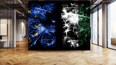 Eu, European union vs Pakistan, Pakistani new year celebration sparkling fireworks flags concept background. Combination of two states flags. Wall mural