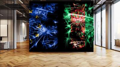 Eu, European union vs Turkmenistan, Turkmenistans new year celebration sparkling fireworks flags concept background. Combination of two states flags. Wall mural