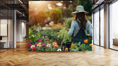 Female Landscaper. Woman Holding Tools for Landscaping in Business Setting Wall mural