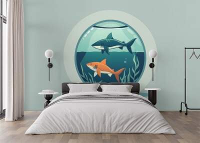 Fish Bowl Illustration with Shark, Goldfish, and Aquatic Wildlife in Flat Graphic Style Wall mural