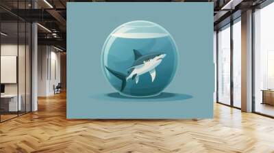 Fish Bowl Illustration with Shark Inside - Minimalist Aquatic Artwork Wall mural