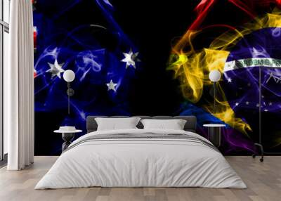 Flags of Australia, Australian vs Brazil, Brazilian, Gay. Smoke flag placed side by side on black background Wall mural