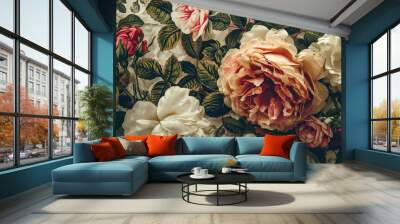 Floral Tapestry Design: Vintage Pastel Rose Pattern on Fabric Background Wall mural