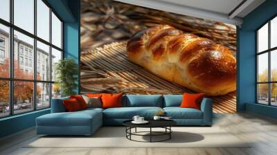 Fresh Baked Bread. Wood Background with Golden Brown Buns Wall mural