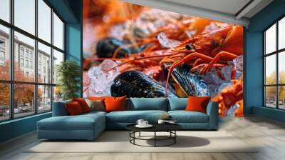 Fresh Seafood. Variety of Fresh Fish, Shrimp, Mussels, and Lobster at Fishmarket Wall mural