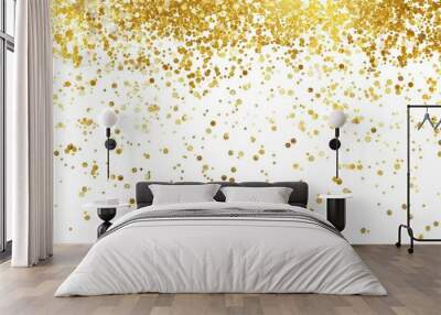 Gold Confetti Wide Corner White Background. Glistering Luxury Sparkling Particles Wall mural