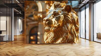 Gold Sculpture. Lion Statue Representing Power and Guard in Ancient Architecture Wall mural