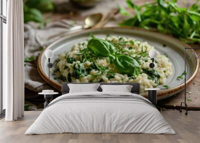 Green Barley Groat Risotto on Wooden Plate. Healthy Vegetarian Meal with Fried Pea Garnish. Wall mural