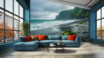 Green Beach. Beautiful Coastal Landscape with Green Plants and Rock Formation Wall mural