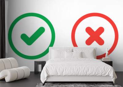 Green check mark and red cross icon.Set of simple icons in flat style: Yes/No, Approved/Disapproved, Accepted/Rejected, Right/Wrong, Correct/False, Green/Red, Ok/Not Ok. Vector illustration Wall mural