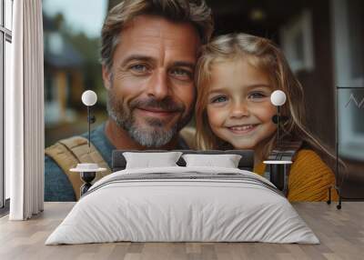 Happy father and daughter smiling, close-up portrait in warm indoor setting. Family bonding, generational connection, fatherhood, parent-child relationship, love and affection, joyful moment Wall mural