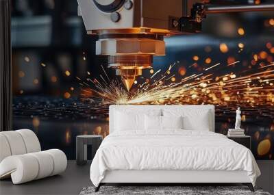 High-Precision Laser Cutting Machine with Bright Orange Sparks Wall mural