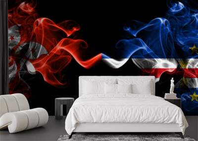 Hong Kong, China vs Cape Verde smoky mystic states flags placed side by side. Concept and idea thick colored silky abstract smoke flags Wall mural