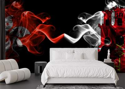 Hong Kong, China vs Gibraltar smoky mystic states flags placed side by side. Concept and idea thick colored silky abstract smoke flags Wall mural