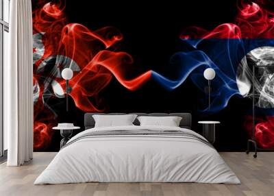 Hong Kong, China vs Laos smoky mystic states flags placed side by side. Concept and idea thick colored silky abstract smoke flags Wall mural