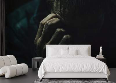 Hopeless. Depressed Man Alone in the Dark, Showing Sorrowful and Sad Face Wall mural