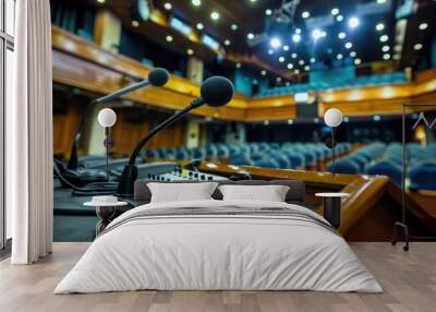 Interpreting Booth in Conference Hall with Microphones and Audio Board Wall mural