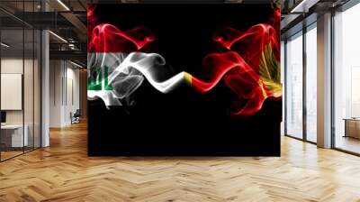 Iraq, Iraqi vs Montenegro, Montenegrin smoky mystic flags placed side by side. Thick colored silky smokes flags together. Wall mural