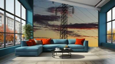 Detail of electric pole with electric cables at sunset Wall mural