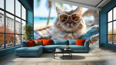 Cat in sunglasses on beach Wall mural