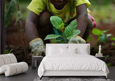 close-up of an African American child planting a plant Wall mural