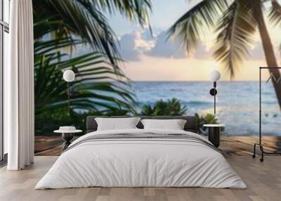 empty wooden table on tropical beach Wall mural