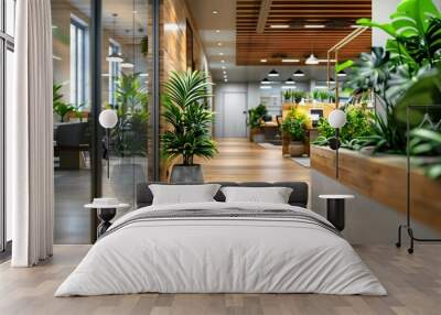 Green biophilic design of workplace office for business work. Wall mural