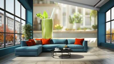 Healthy green smoothie in a glass. Wall mural