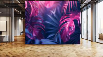 neon background with tropical leaves Wall mural