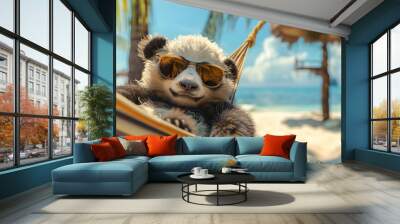 panda wearing glasses in a hammock on beach Wall mural