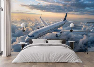 Passenger plane in the cloudy sky Wall mural