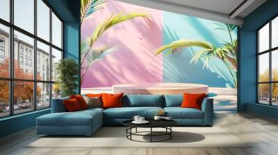 product podium on pastel background with tropical leaves Wall mural