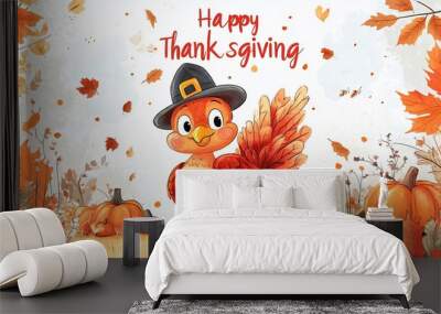 thanksgiving text poster with cartoon turkey Wall mural