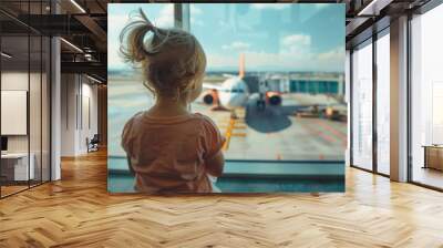 Kids Travel Concept. Two Years old Girl Awaiting Boarding at Airport Terminal, Watching Airplane through Glass Window Wall mural