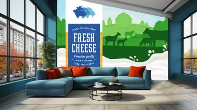 cheese illustration with cow, sheep, goat and milk splashes Wall mural