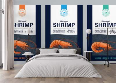 Vector shrimp label or package design. Seafood abstract design template. Prawn illustrations Wall mural