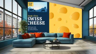 Vector swiss cheese packaging or label design template with dairy farm, cows and calves. Realistic cheese illustration Wall mural