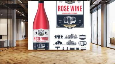 Vector vintage rose wine label and wine bottle mockup. Winemaking business branding and identity icons and design elements Wall mural