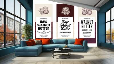 Vector walnut butter labels in modern style. Vector walnut illustrations and patterns Wall mural