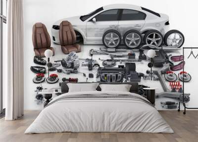 Car body disassembled and many vehicles parts Wall mural