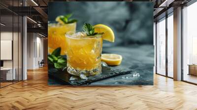 Lemon Cocktail. Classic Boozy Bourbon Whiskey Smash in a Cool Bar Beverage Wall mural