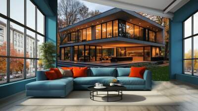 Modern Glass House with Warm Lighting in Autumn Setting Wall mural