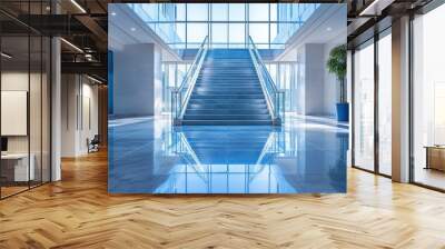 Modern minimalist staircase in a bright, spacious building interior with glass walls and reflections. Architecture, design, and contemporary indoor space for professional environments. Wall mural