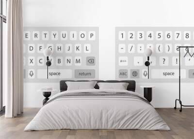 Modern smartphone keyboard . Mobile keyboard. Keyboard of smartphone, alphabet and numbers buttons. Mobile phone keypad vector mock-up. Compact virtual key board for mobile device. Vector Wall mural