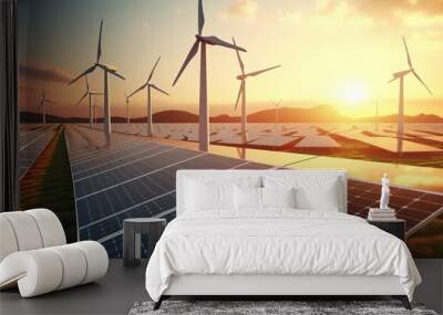 Modern Wind turbines and solar panels sunset light Wall mural