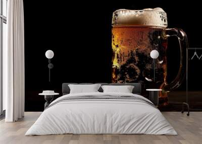 Mug Of Beer On Black Background. Closeup Of Cold Pint Glass With Foam Wall mural